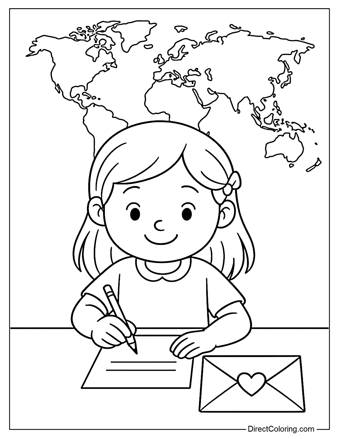 Coloring page of a little girl writing a letter with a heart on the envelope, behind her is a world map.
